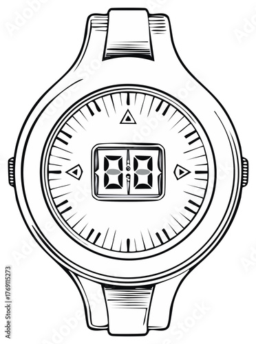 Line art illustration of a contemporary digital wrist compass or advanced smartwatch