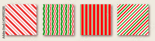 Christmas candy seamless pattern set. Red and green square posters collection. Lines and stripes