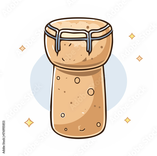 Cute cartoon champagne cork with sparkles and a soft blue circle background