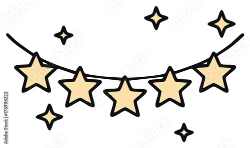 Hand drawn stars on a string garland illustration decoration festive cartoon style