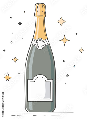 Hand-drawn champagne bottle illustration with festive sparkles for celebration