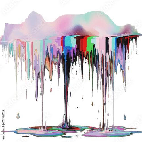 Vibrant Rainbow Paint Drips Melting Down on White Background, Abstract Colorful Fluid Art, Modern Digital Design Element