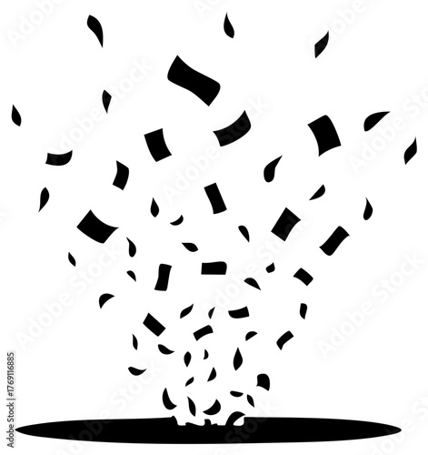 Abstract black confetti pieces exploding upwards festive graphic illustration background