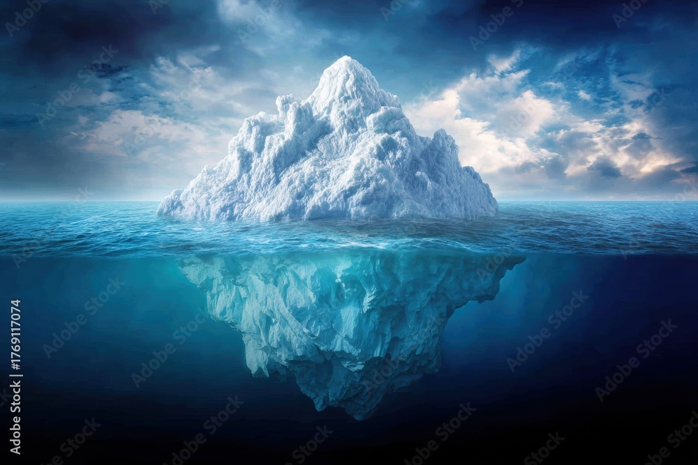 Fototapeta premium A massive iceberg floats in the open ocean, hidden danger and global warming, white ice above the water and the deep blue mass submerged below
