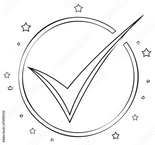 Check mark symbol inside circle with stars, positive sign, success, and confirmation design.