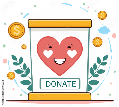 Happy Heart Giving Donation in the Glass Jar for Charity and Support Cartoon Illustration