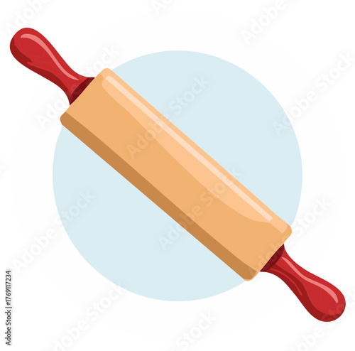 Classic wooden rolling pin with red handles for baking dough preparation and culinary use
