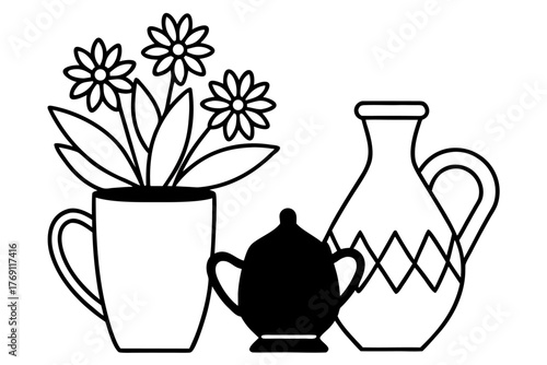Still life with a vase of flowers, a cup of tea, and a ceramic milk jug illustration
