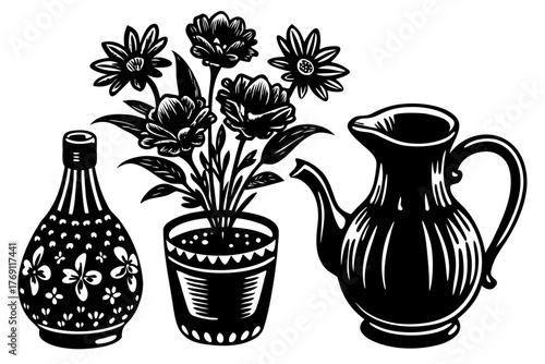 Ancient clay pottery pitcher with colorful flowers