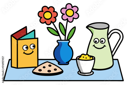 Still life art set with yellow tulips, flowers, eggs, and milk in a jug for a spring breakfast illustration