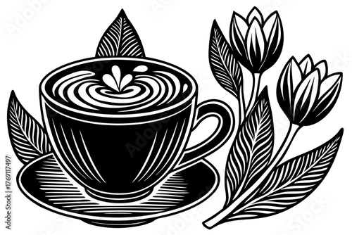 A striking black and white flower tattoo design illustration of a hot coffee mug on a brown saucer