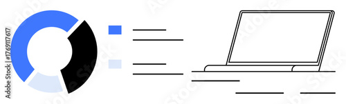 Blue and black segmented pie chart, corresponding gradient keys, and an open laptop with line-based text. Ideal for data analysis, technology, business strategy, research, presentation, project