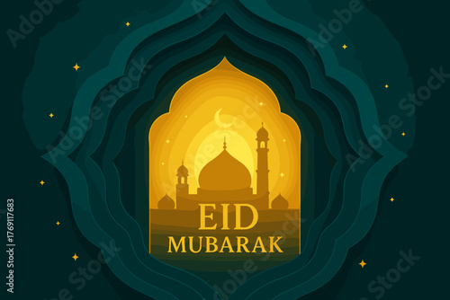 Elegant eid mubarak celebration with moonlit mosque in layered paper art style
