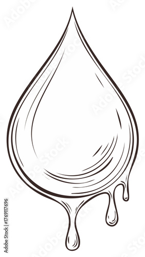 Stylized graphic line art illustration of a liquid teardrop with dripping liquid
