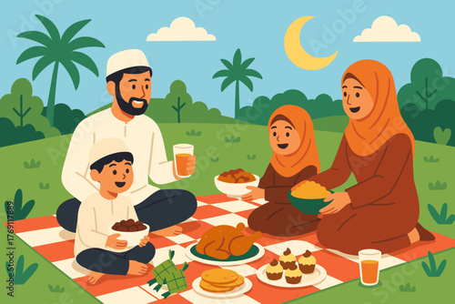 Family celebrating outdoors with delicious feast under crescent moon