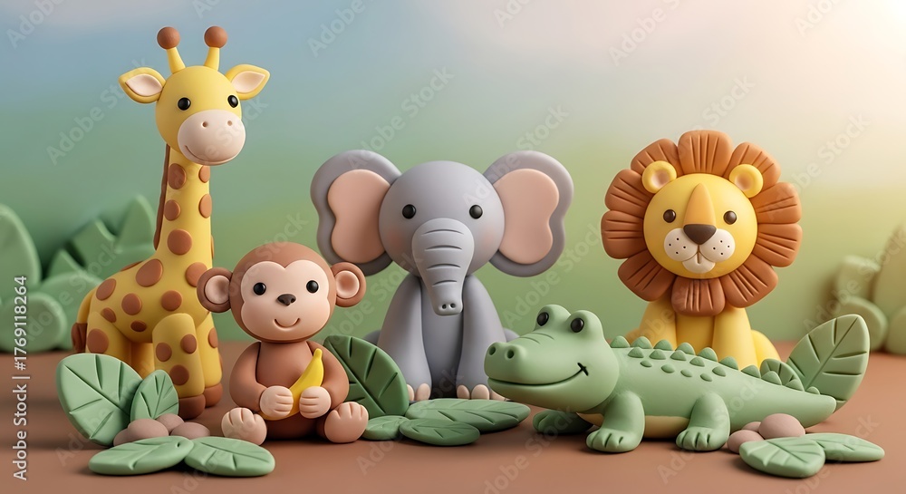 Naklejka premium Cute Animal Figures Collection with Giraffe Elephant Monkey Crocodile and Lion in Playful Scene