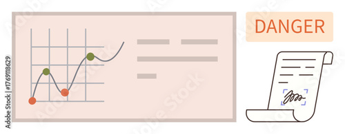 Graph with line chart signaling financial trends, signed contract paper, and red danger alert. Ideal for finance risk, compliance, investment caution, business decision-making, legal issues, warning