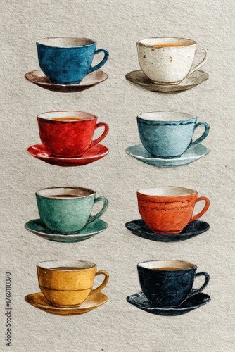 Colorful Tea Cups Watercolor Illustration – Vintage Ceramic Mugs and Saucers in Red, Blue, Yellow, and Green on Textured Paper Background