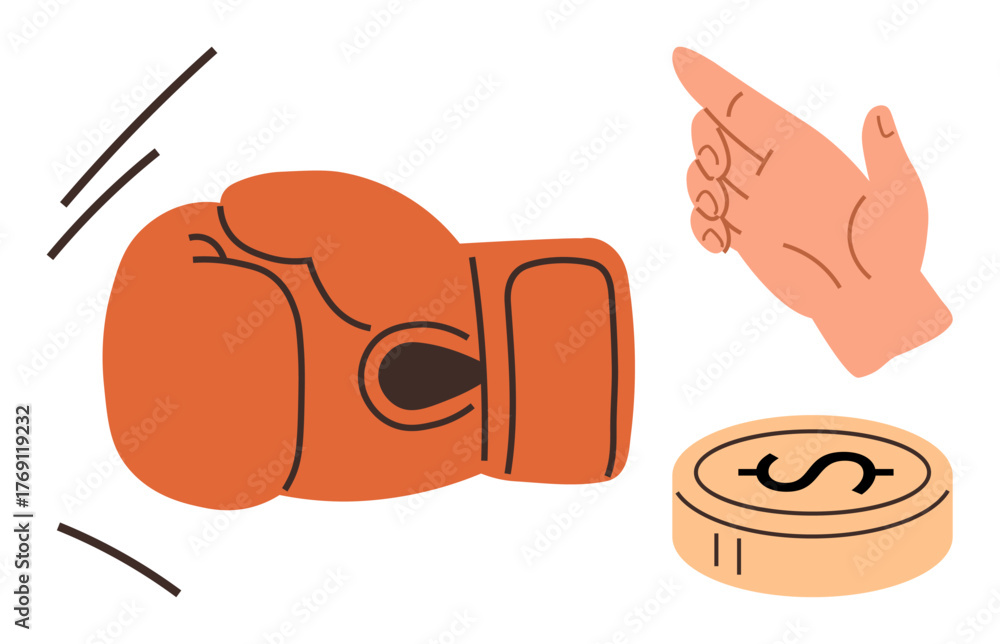 Obraz premium Boxing glove in motion, pointing hand, and a coin with a dollar sign. Ideal for competition, decision-making, financial risk, conflict, opportunities strategy motivation. Simple flat metaphor