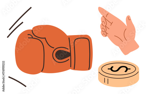 Boxing glove in motion, pointing hand, and a coin with a dollar sign. Ideal for competition, decision-making, financial risk, conflict, opportunities strategy motivation. Simple flat metaphor