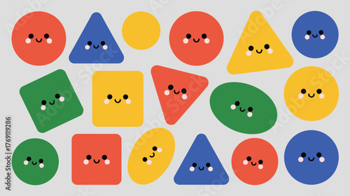 Colorful shapes with cute faces scattered across a light gray background in a playful arrangement