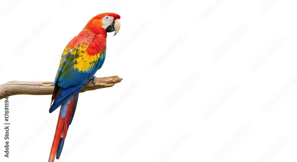 Fototapeta premium Vibrant Scarlet Macaw Perched on Branch, Isolated on White Background