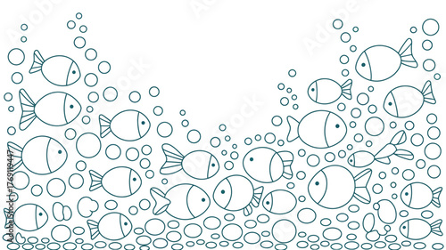 A line drawing of many fish swimming among bubbles and rocks on the ocean floor in a simple style