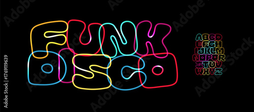 Rounded Squared Font Heavy Linear Alphabet Bold Outline Typeset Colorful Playful Letters for Funky Disco Logo Headline, Kids Birthday, Unusual Color Typographic Design. Vector Typeset