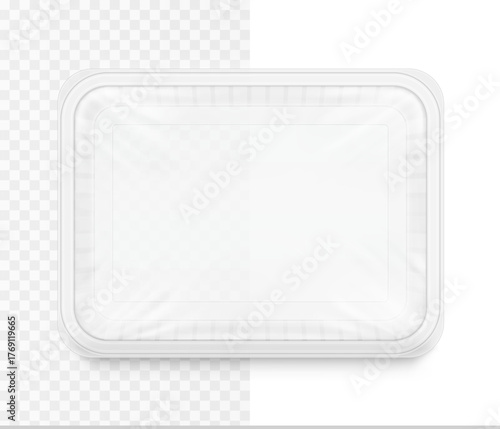Clear tray container mockup. Vector illustration on transparent and white background. Layered template file easy to use for your promo product: meat of animals, chicken, fish and other food. EPS10.