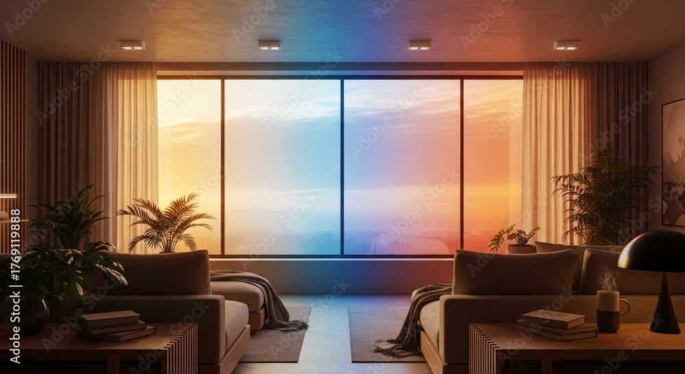 Fototapeta premium Stunning living room interior featuring panoramic views and elegant decor for modern home design inspiration