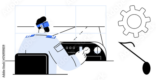 Pilot in uniform using advanced control panel, gear and abstract lever illustrations. Ideal for aviation, technology, innovation, engineering, automation, future concepts user design. Simple flat