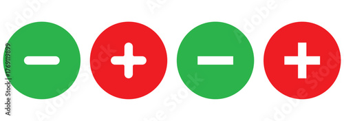 Plus and minus signs vector icons set. Mathematical symbols, add, subtract, right and wrong, pros and cons.

