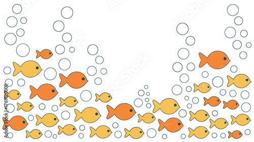Illustration of many orange and yellow fish swimming among white bubbles on a white background