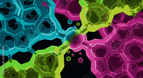 Vibrant abstract interconnected hexagonal cellular structures in blue, green, and magenta, symbolizing complex biological networks and technological connections.