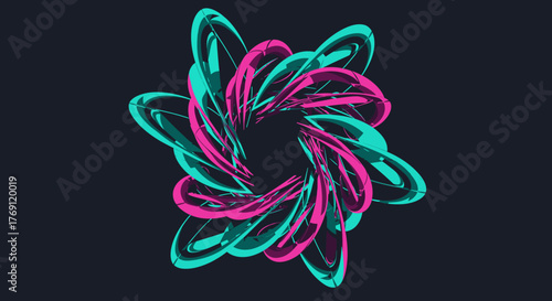 Dynamic abstract art showcasing a mesmerizing interplay of glossy magenta and cyan shapes forming an intricate, rotating vortex on a deep charcoal canvas.