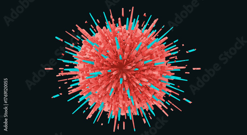 Dynamic abstract digital artwork featuring a spherical core with numerous red and cyan spikes radiating outwards, suggesting a burst of energy or information.