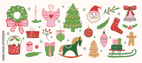 Сhristmas hand drawn icons. doodle vintage element of décor with bows and snowflakes. Vector whimsical sketch for cover, background, frame, pattern, wallpaper.