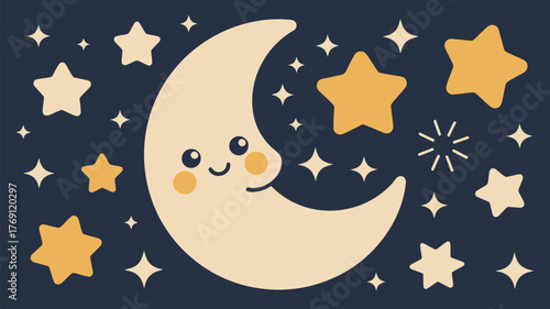 A cartoon crescent moon with a face surrounded by stars on a dark blue background in a cute style