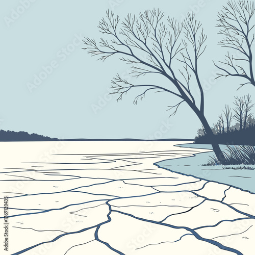 Frozen lake with cracked ice and bare trees