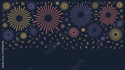 Colorful fireworks and confetti on a dark background creating a festive celebration atmosphere design