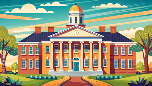 Very beautiful illustration of the Delaware Legislative Hall Building in Dover, showing elegant colonial revival architecture, manicured gardens, and a clear blue sky in a clean vector art style.