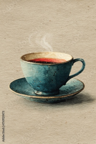 Blue Ceramic Tea Cup Watercolor Illustration – Steaming Hot Tea in Vintage Mug and Saucer on Warm Textured Paper Background