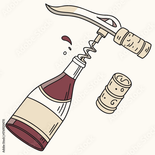 Illustration of a wine bottle being opened with a corkscrew tool