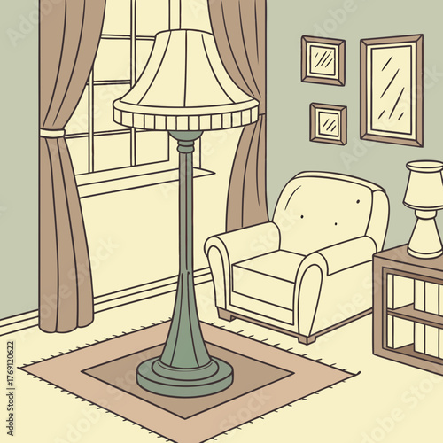 A cozy living room scene with a lamp, armchair, and framed pictures