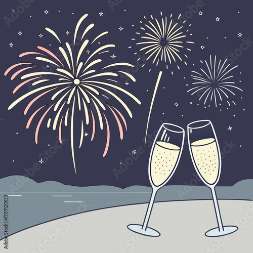 Celebratory fireworks display with champagne glasses on a beach at night