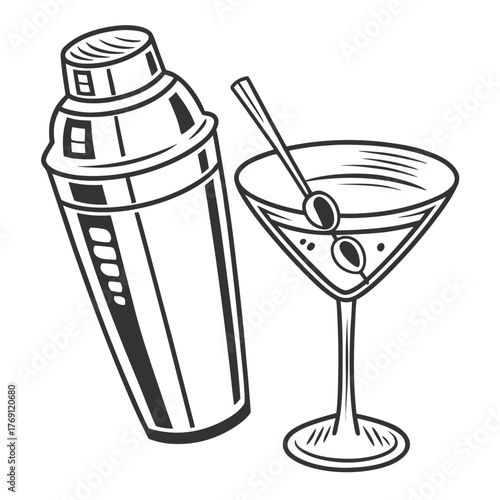 Cocktail shaker and martini glass, black and white