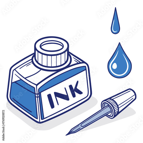 Illustration of an ink bottle with dropper and ink drops