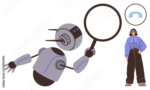 Robot holding a magnifying glass examining closely, modern-dressed person standing, floating form. Ideal for technology, AI, innovation, analysis, teamwork future curiosity. Simple flat metaphor