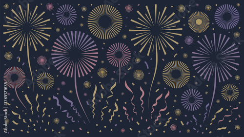A dark blue background with colorful fireworks and confetti celebrating a special occasion design