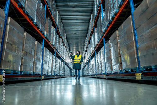 Fotografie Worker scanning inventory in cold storage warehouse aisle